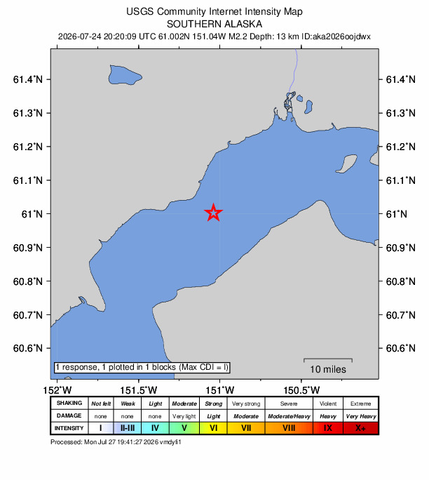 USGS DYFI community-reported intensity map for the M2.2 earthquake near 9 km SE of Tyonek, Alaska