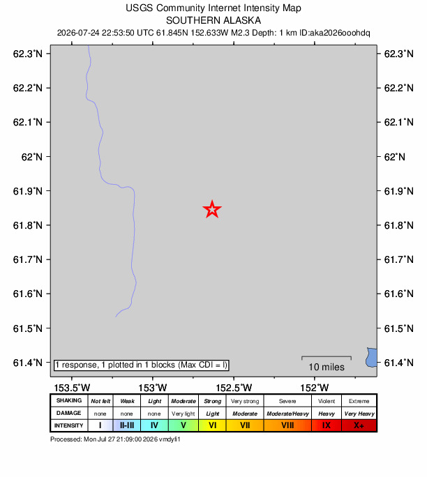USGS DYFI community-reported intensity map for the M2.3 earthquake near 66 km WSW of Skwentna, Alaska