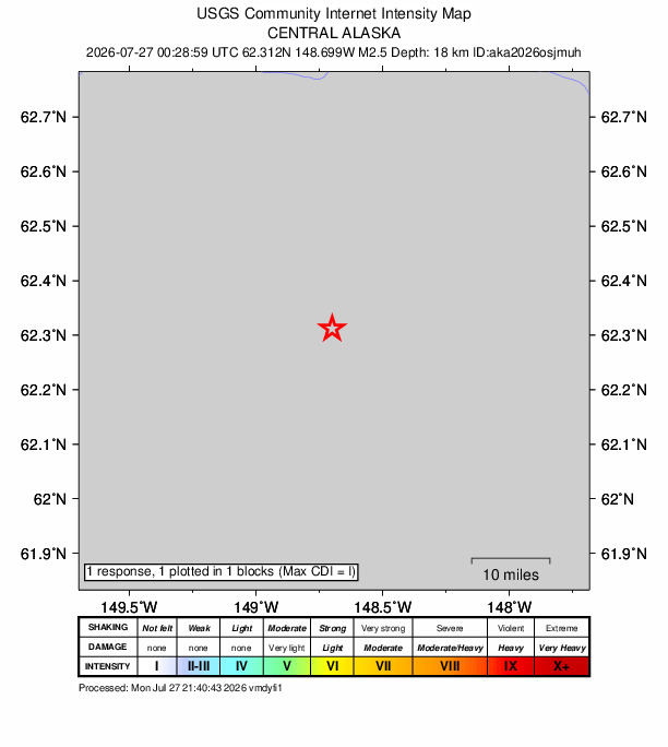 USGS DYFI community-reported intensity map for the M2.5 earthquake near 58 km NNW of Chickaloon, Alaska