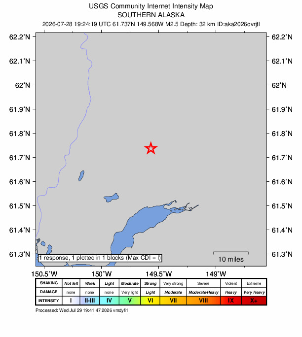 USGS DYFI community-reported intensity map for the M2.5 earthquake near 12 km N of Meadow Lakes, Alaska