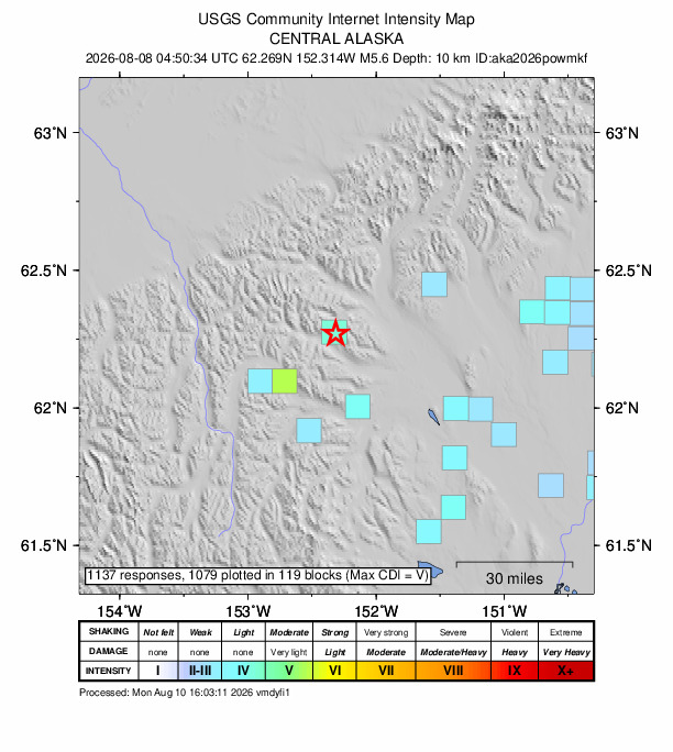 USGS DYFI community-reported intensity map for the M5.6 earthquake near 57 km WNW of Skwentna, Alaska