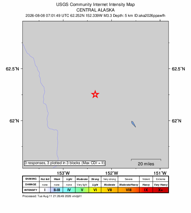 USGS DYFI community-reported intensity map for the M3.3 earthquake near 57 km WNW of Skwentna, Alaska