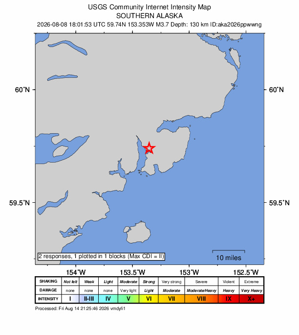 USGS DYFI community-reported intensity map for the M3.7 earthquake near 42 km E of Pedro Bay, Alaska