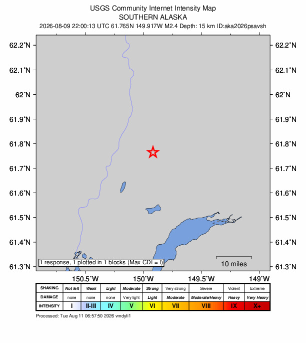 USGS DYFI community-reported intensity map for the M2.4 earthquake near 6 km ENE of Willow, Alaska