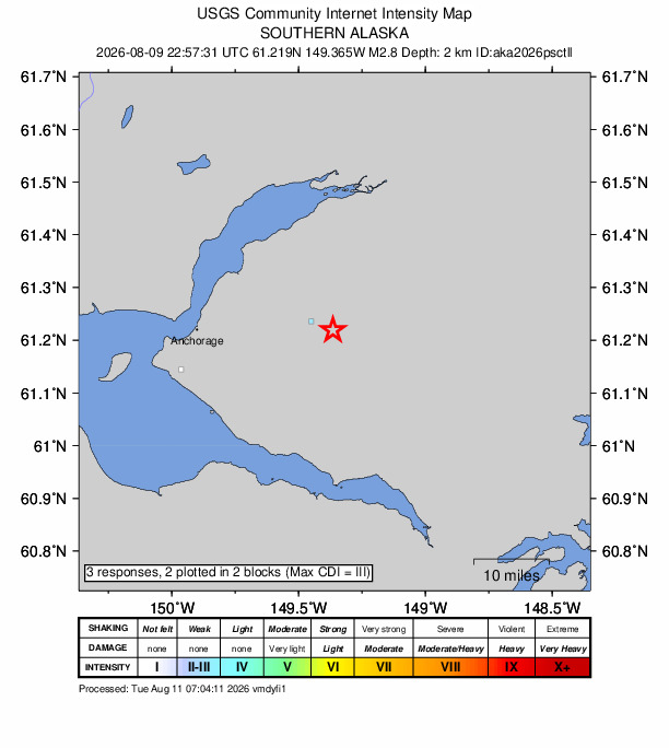 USGS DYFI community-reported intensity map for the M2.8 earthquake near 14 km ESE of Elmendorf Air Force Base, Alaska
