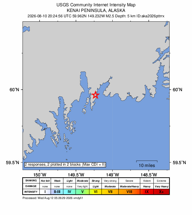 USGS DYFI community-reported intensity map for the M2.5 earthquake near 16 km SE of Lowell Point, Alaska