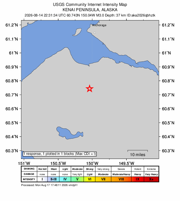 USGS DYFI community-reported intensity map for the M3.0 earthquake near 29 km SW of Hope, Alaska