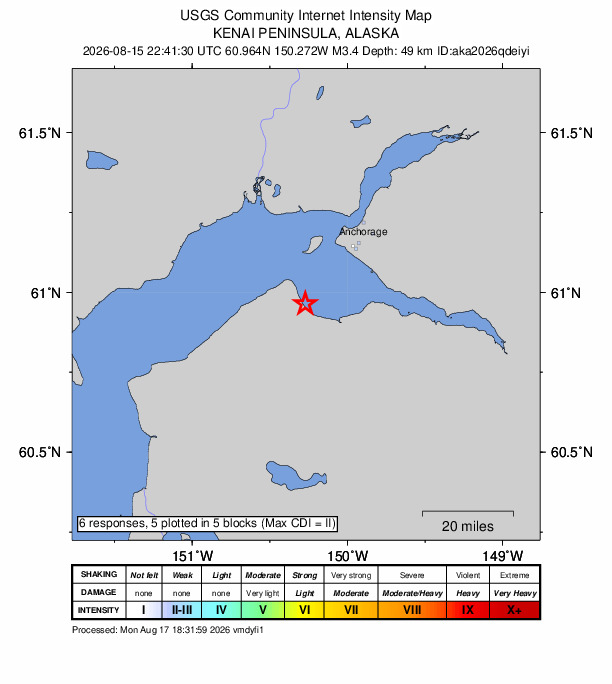 USGS DYFI community-reported intensity map for the M3.4 earthquake near 23 km E of Point Possession, Alaska