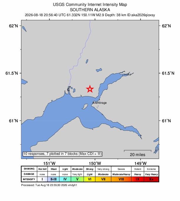 USGS DYFI community-reported intensity map for the M2.9 earthquake near 7 km WSW of Point MacKenzie, Alaska