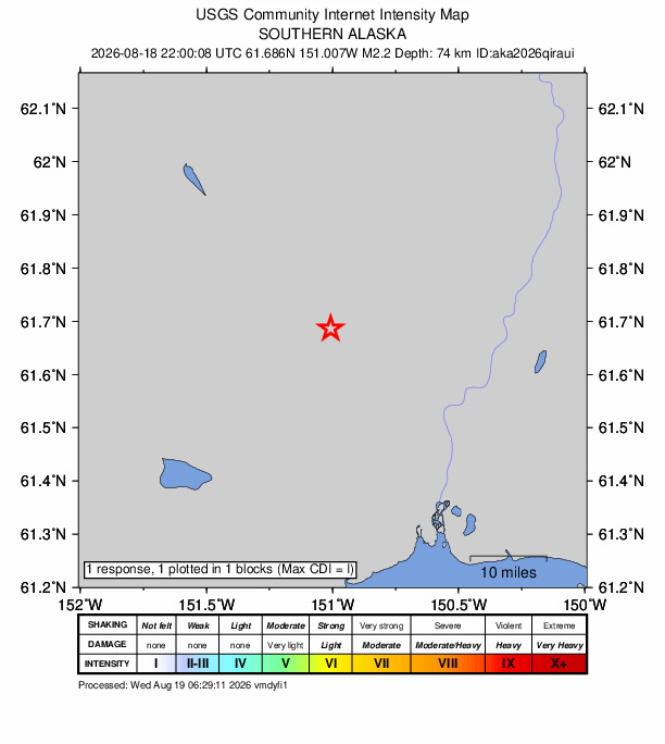 USGS DYFI community-reported intensity map for the M2.2 earthquake near 30 km WNW of Susitna, Alaska