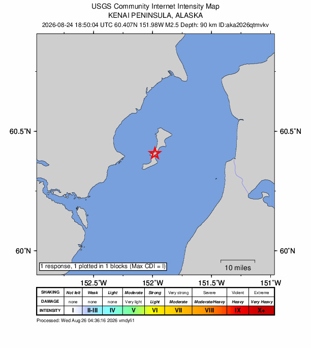 USGS DYFI community-reported intensity map for the M2.5 earthquake near 37 km W of Cohoe, Alaska