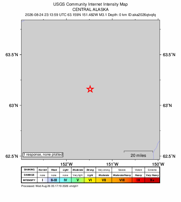 USGS DYFI community-reported intensity map for the M3.1 earthquake near 44 km SSE of Denali National Park, Alaska