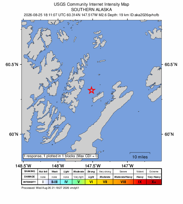 USGS DYFI community-reported intensity map for the M2.6 earthquake near 38 km NE of Chenega, Alaska