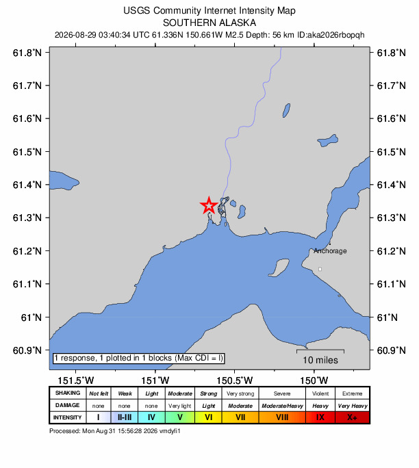 USGS DYFI community-reported intensity map for the M2.5 earthquake near 24 km SSW of Susitna, Alaska
