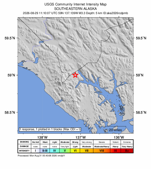 USGS DYFI community-reported intensity map for the M3.3 earthquake near 78 km SW of Covenant Life, Alaska