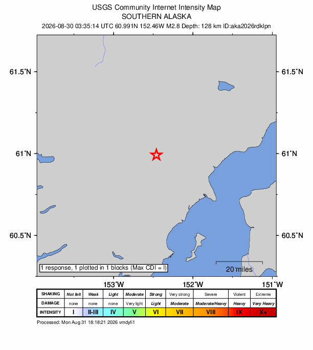 USGS DYFI community-reported intensity map for the M2.8 earthquake near 71 km WNW of Nikiski, Alaska