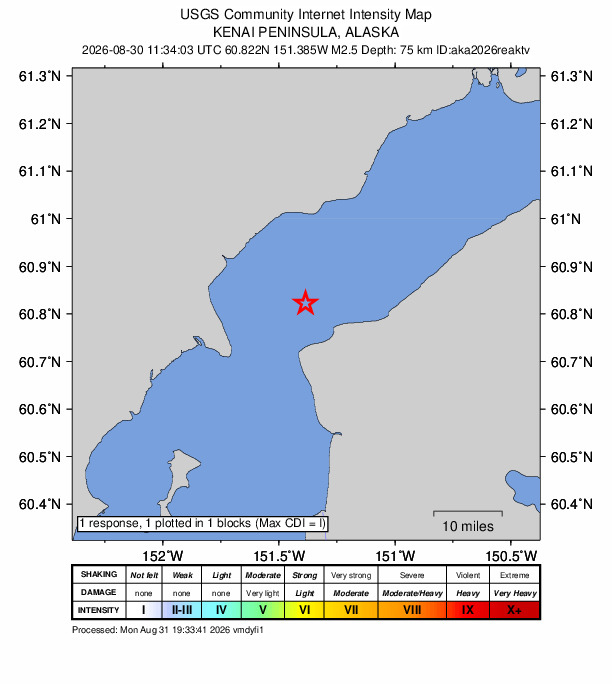 USGS DYFI community-reported intensity map for the M2.5 earthquake near 15 km NNW of Nikiski, Alaska