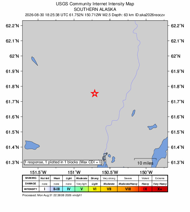 USGS DYFI community-reported intensity map for the M2.5 earthquake near 25 km NNW of Susitna, Alaska