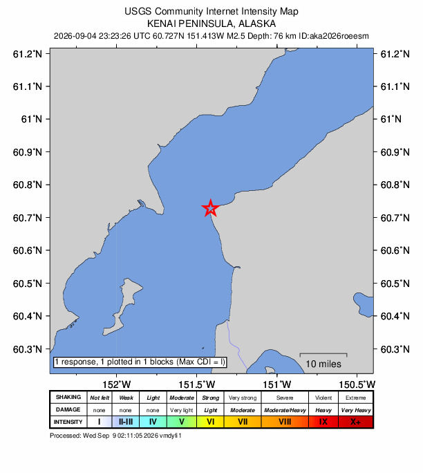 USGS DYFI community-reported intensity map for the M2.5 earthquake near 7 km WNW of Nikiski, Alaska