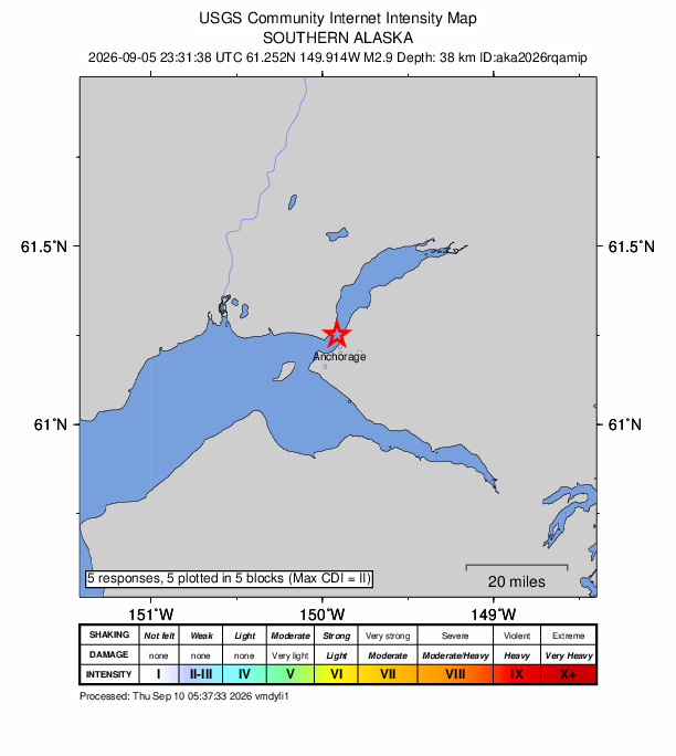 USGS DYFI community-reported intensity map for the M2.9 earthquake near 3 km N of Anchorage, Alaska