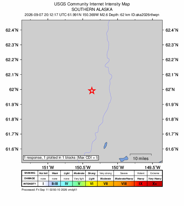 USGS DYFI community-reported intensity map for the M2.6 earthquake near 32 km NNW of Willow, Alaska
