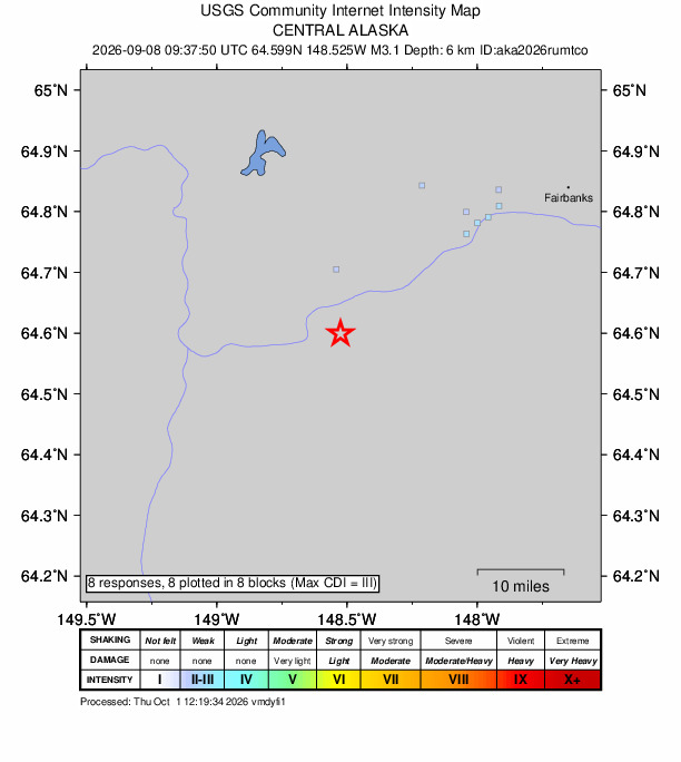 USGS DYFI community-reported intensity map for the M3.1 earthquake near 27 km E of Nenana, Alaska