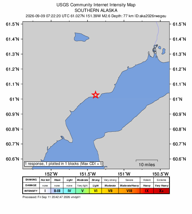 USGS DYFI community-reported intensity map for the M2.6 earthquake near 14 km WSW of Tyonek, Alaska
