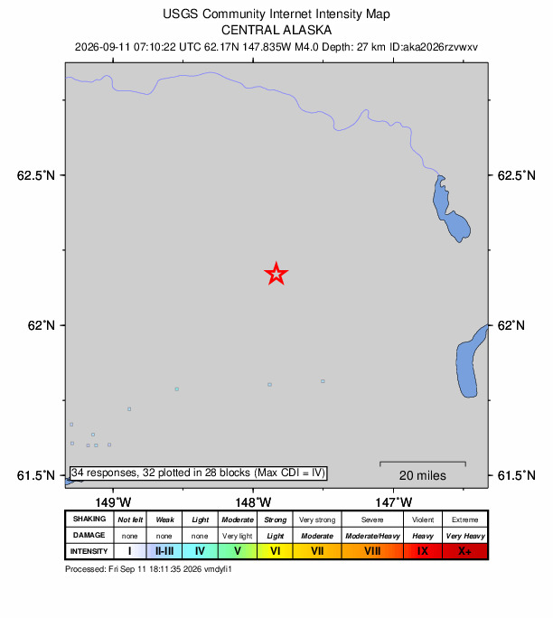 USGS DYFI community-reported intensity map for the M4.0 earthquake near 41 km NNW of Glacier View, Alaska