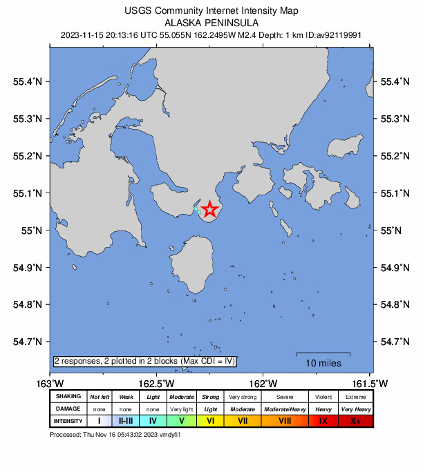 USGS DYFI community-reported intensity map for the M3.1 earthquake near 1 km ESE of King Cove, Alaska