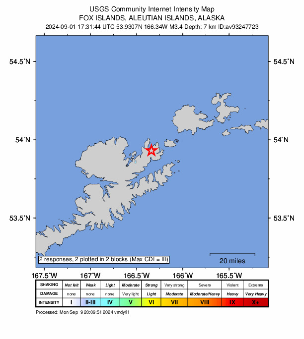 USGS DYFI community-reported intensity map for the M3.4 earthquake near 15 km ENE of Unalaska, Alaska