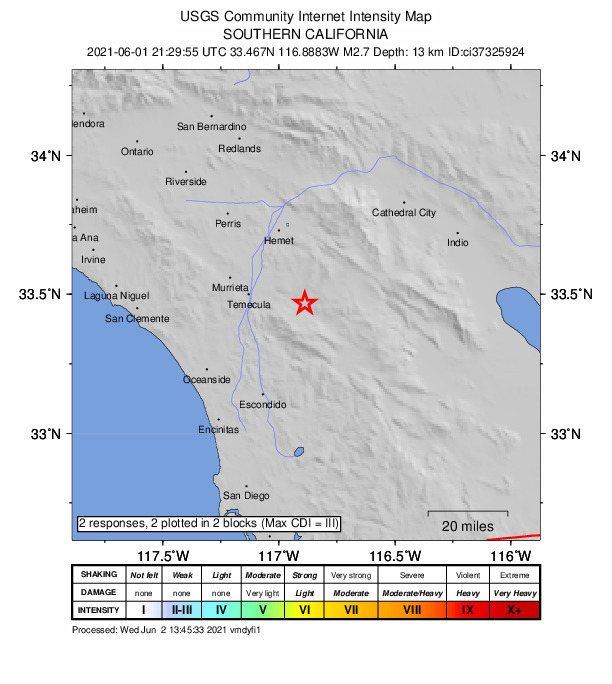 USGS DYFI community-reported intensity map for the M2.7 earthquake near 4km NW of Aguanga, CA