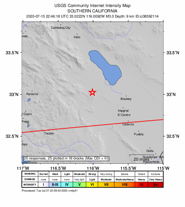 USGS DYFI community-reported intensity map for the M3.0 earthquake near 18km SE of Ocotillo Wells, CA