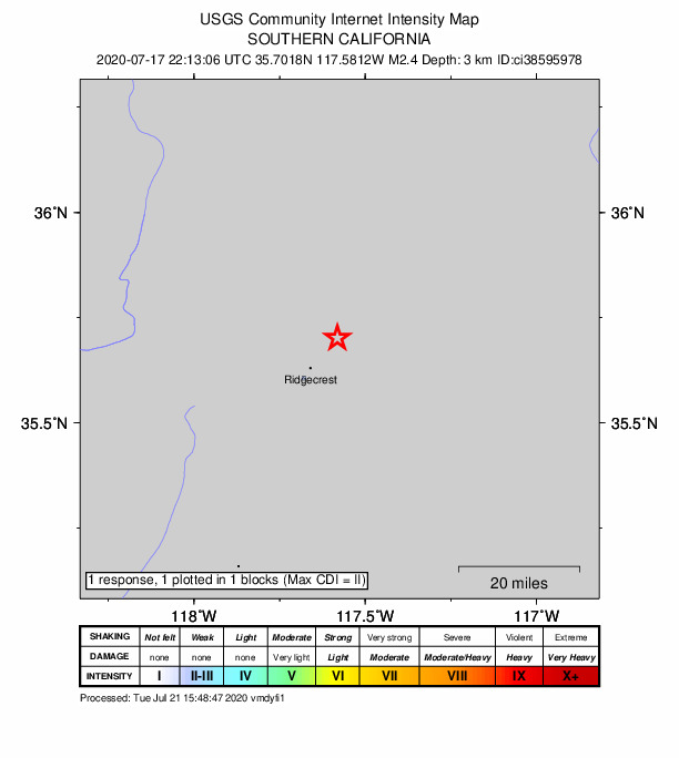 USGS DYFI community-reported intensity map for the M2.4 earthquake near 12km NE of Ridgecrest, CA