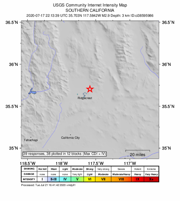 USGS DYFI community-reported intensity map for the M2.9 earthquake near 12km NE of Ridgecrest, CA