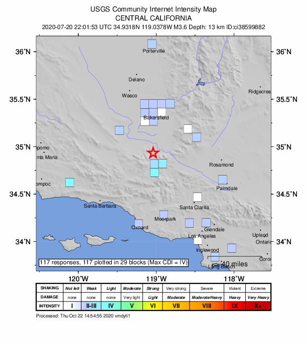 USGS DYFI community-reported intensity map for the M3.6 earthquake near 10km W of Grapevine, CA