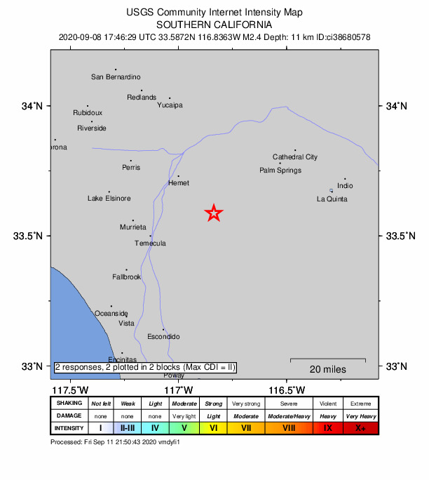 USGS DYFI community-reported intensity map for the M2.4 earthquake near 16km WNW of Anza, CA