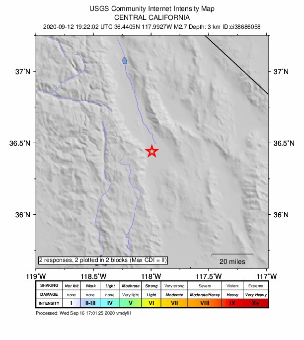 USGS DYFI community-reported intensity map for the M2.7 earthquake near 18km SSE of Lone Pine, CA