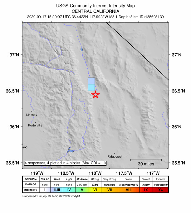 USGS DYFI community-reported intensity map for the M3.1 earthquake near 18km SSE of Lone Pine, CA