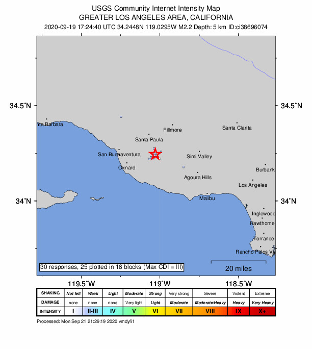USGS DYFI community-reported intensity map for the M2.2 earthquake near 3km NNE of Camarillo, CA