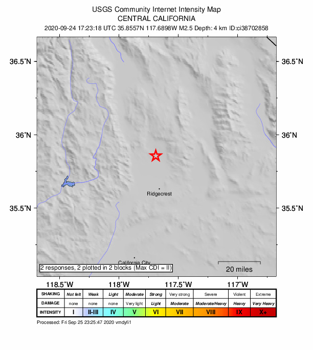 USGS DYFI community-reported intensity map for the M2.5 earthquake near 22km ESE of Little Lake, CA