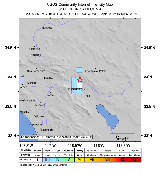 USGS DYFI community-reported intensity map for the M3.0 earthquake near 10km E of Desert Hot Springs, CA