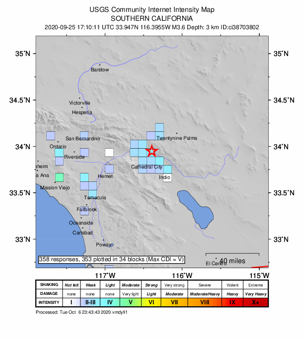 USGS DYFI community-reported intensity map for the M3.6 earthquake near 10km E of Desert Hot Springs, CA
