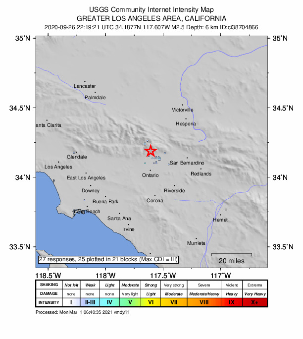 USGS DYFI community-reported intensity map for the M2.5 earthquake near 8km NNW of Rancho Cucamonga, CA