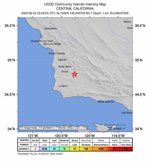 USGS DYFI community-reported intensity map for the M2.7 earthquake near 6km NNE of Los Alamos, CA