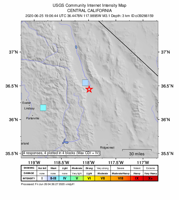 USGS DYFI community-reported intensity map for the M3.1 earthquake near 17km SSE of Lone Pine, CA