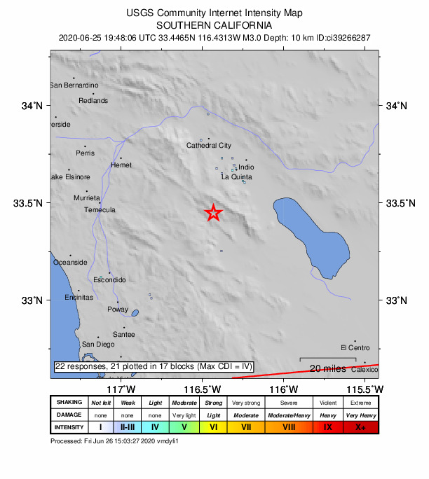 USGS DYFI community-reported intensity map for the M3.0 earthquake near 22km NNW of Borrego Springs, CA