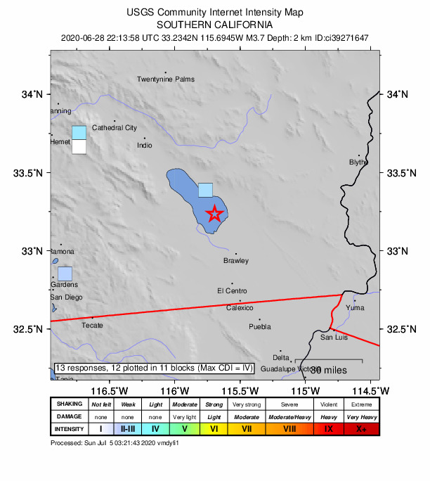 USGS DYFI community-reported intensity map for the M3.7 earthquake near 13km SSE of Bombay Beach, CA