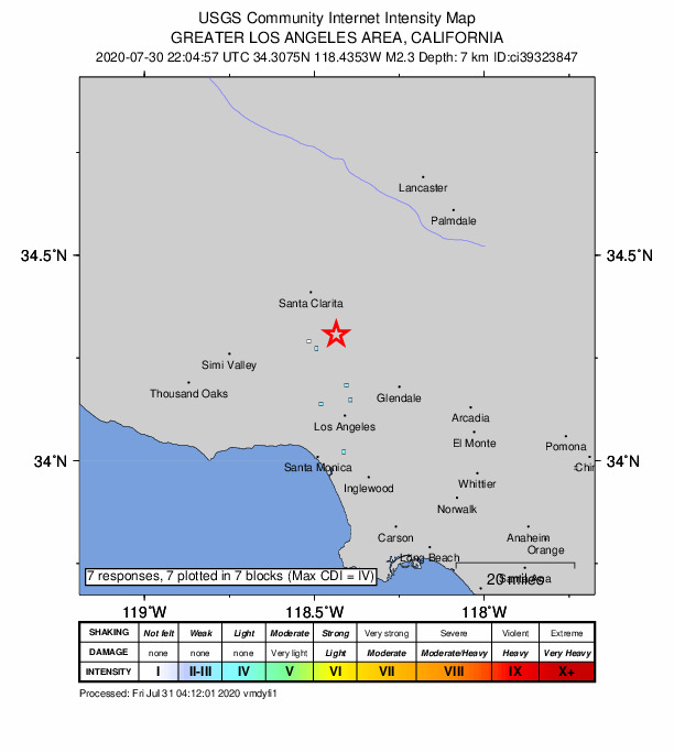 USGS DYFI community-reported intensity map for the M2.3 earthquake near 1km E of Sylmar, CA