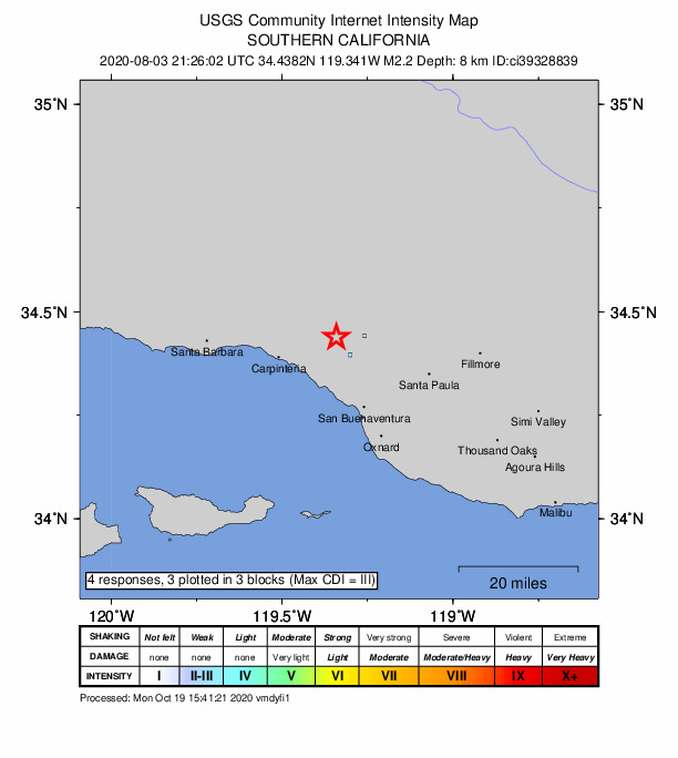 USGS DYFI community-reported intensity map for the M2.3 earthquake near 9km W of Ojai, CA