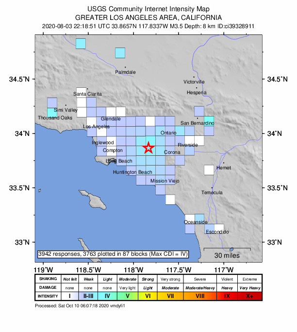 USGS DYFI community-reported intensity map for the M3.5 earthquake near 3km SW of Yorba Linda, CA